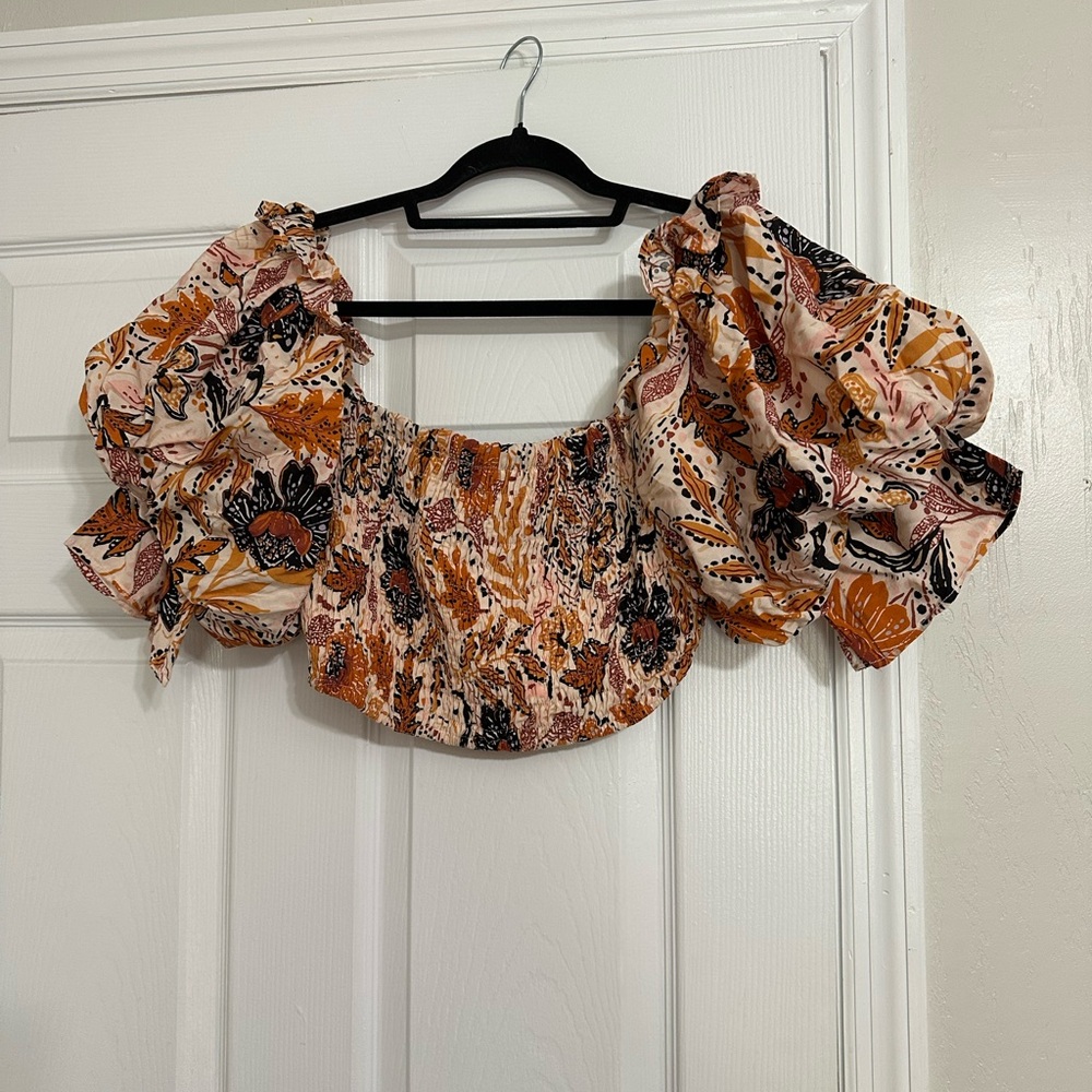 En Creme Floral Puff Sleeve Blouse - Orange, Black, Cream